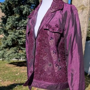 Coldwater Creek Purple Lace Beaded Silk Blend Jacket Size Large Grandmacore
